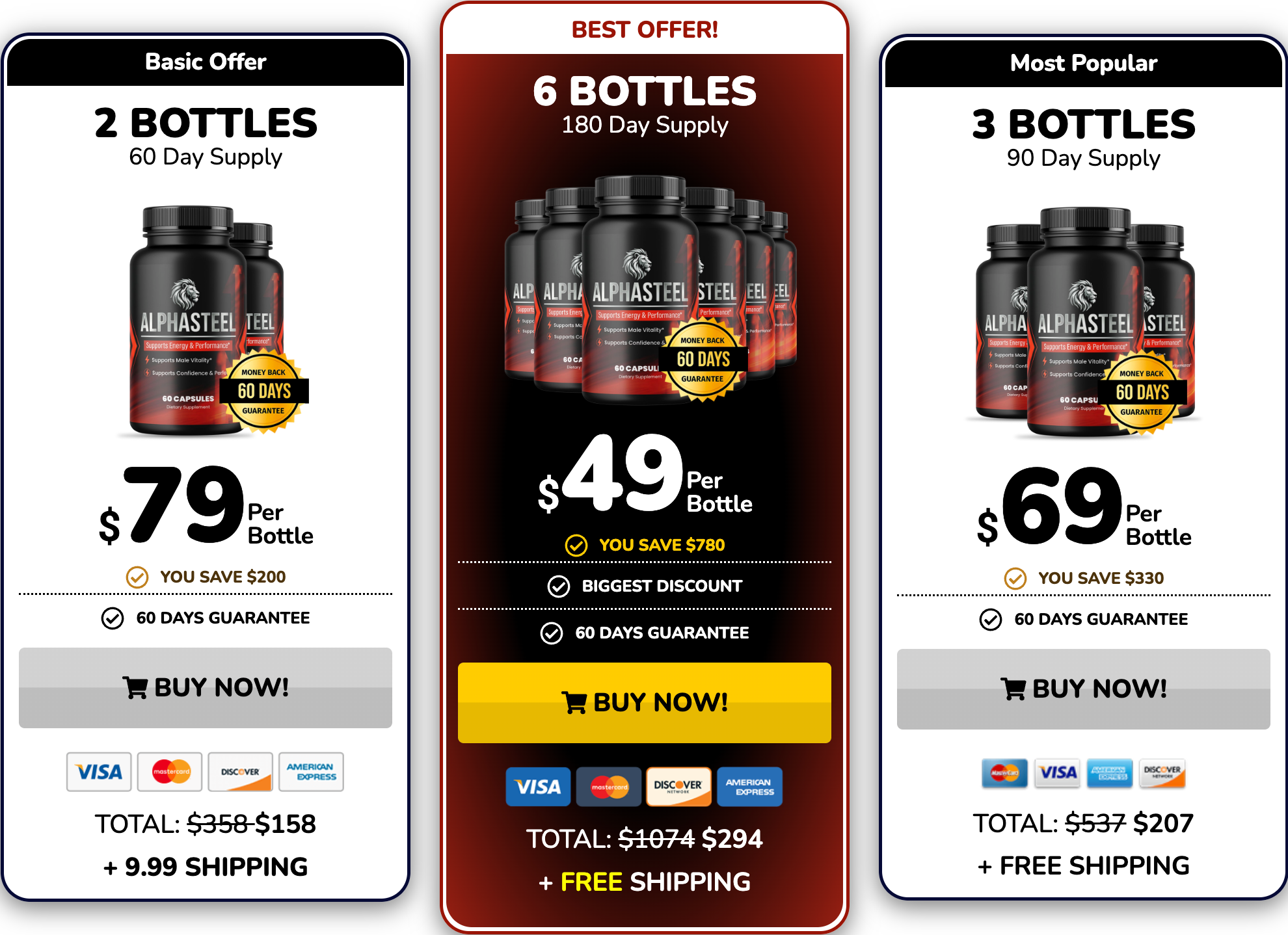 AlphaSteel Male Enhancement pricing - 2, 3 and 6 bottle packages